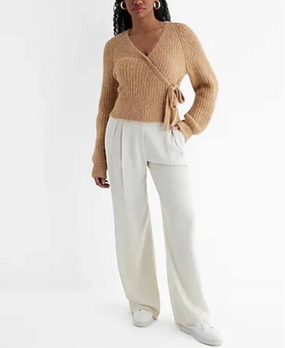 Express Sz M Fuzzy Ribbed Surplice Tie Sweater Pecan Front Wrap Feminine Etheral
